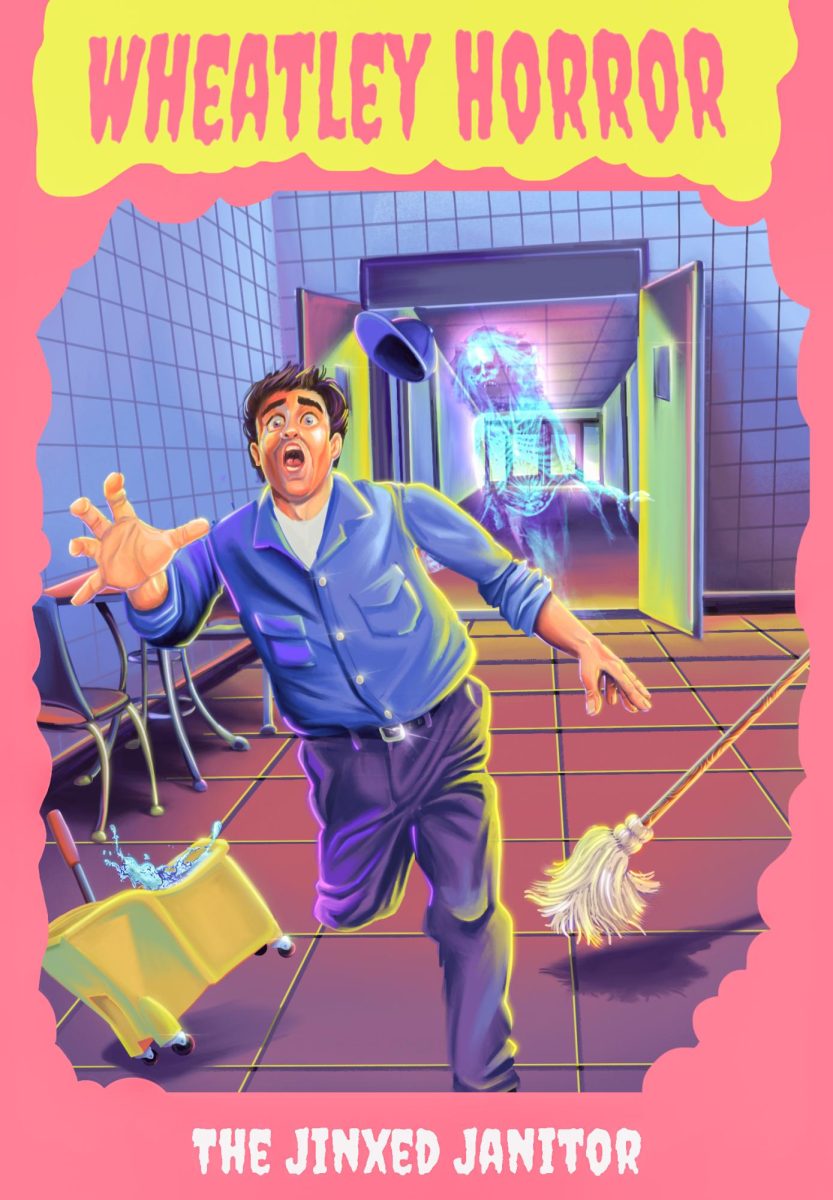 A scared janitor runs from a ghost through the halls of Wheatley. Illustration by Bianca Oppedisano / Mass Media Staff.