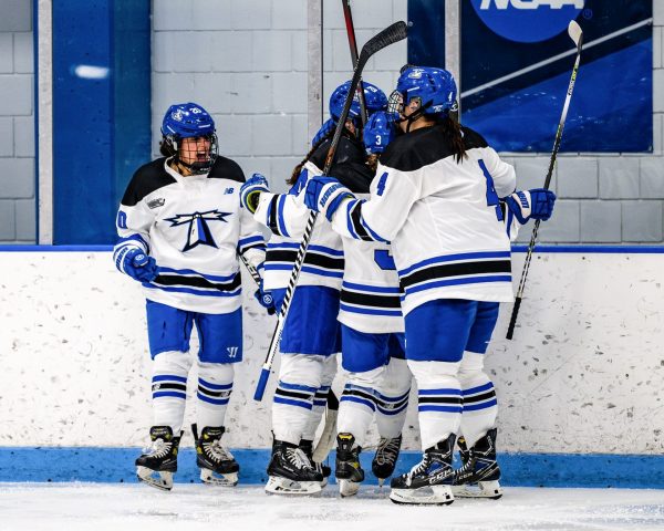 Women’s hockey players celebrate after a goal during a previous home game. Photo provided by Beacons Athletics.