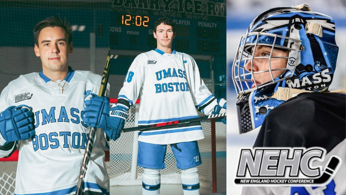 Collage of images of Men’s hockey players Kevin Sadovski, Jack Mortson and Owen Bourdow. Graphic provided by Beacons Athletics