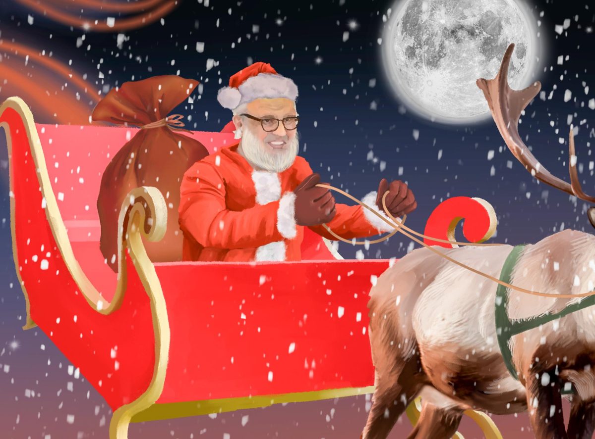 Chancellor Marcelo Suárez-Orozco dresses as Santa and flies a sleigh. Illustration by Bianca Oppedisano / Mass Media Staff.