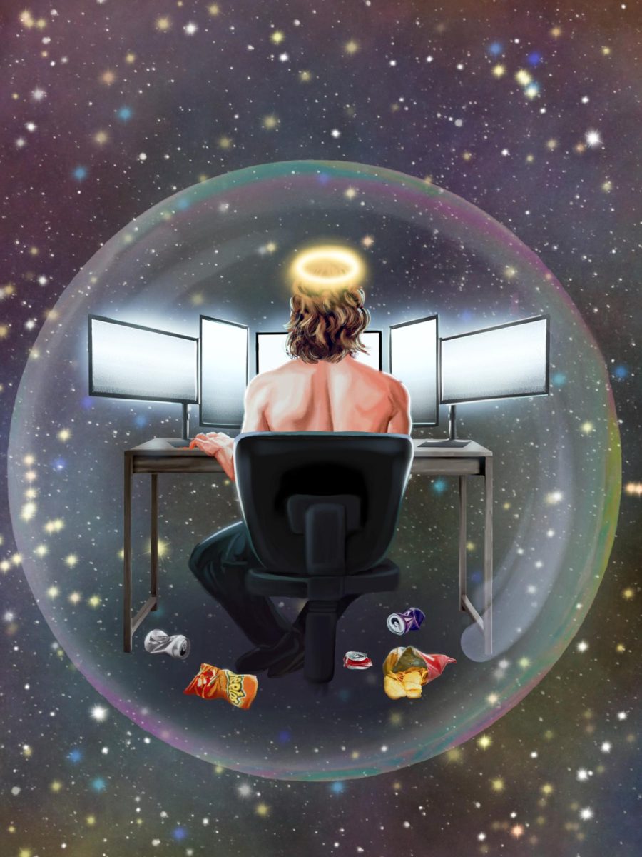 God sits in a bubble in the middle of a galaxy in front of multiple monitors. Illustration by Bianca Oppedisano / Mass Media Staff.