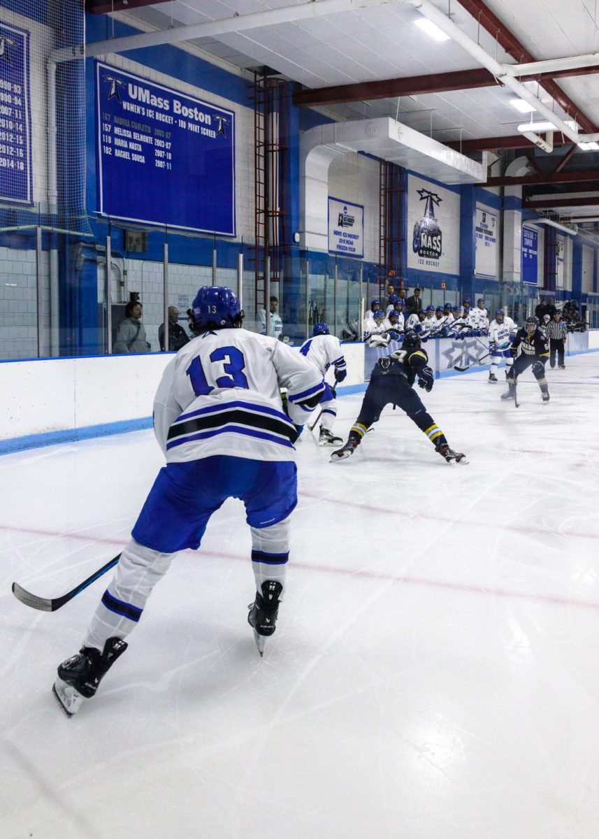 Men’s hockey player during home game against UMass Dartmouth from previous season. Photo from The Mass Media Archives