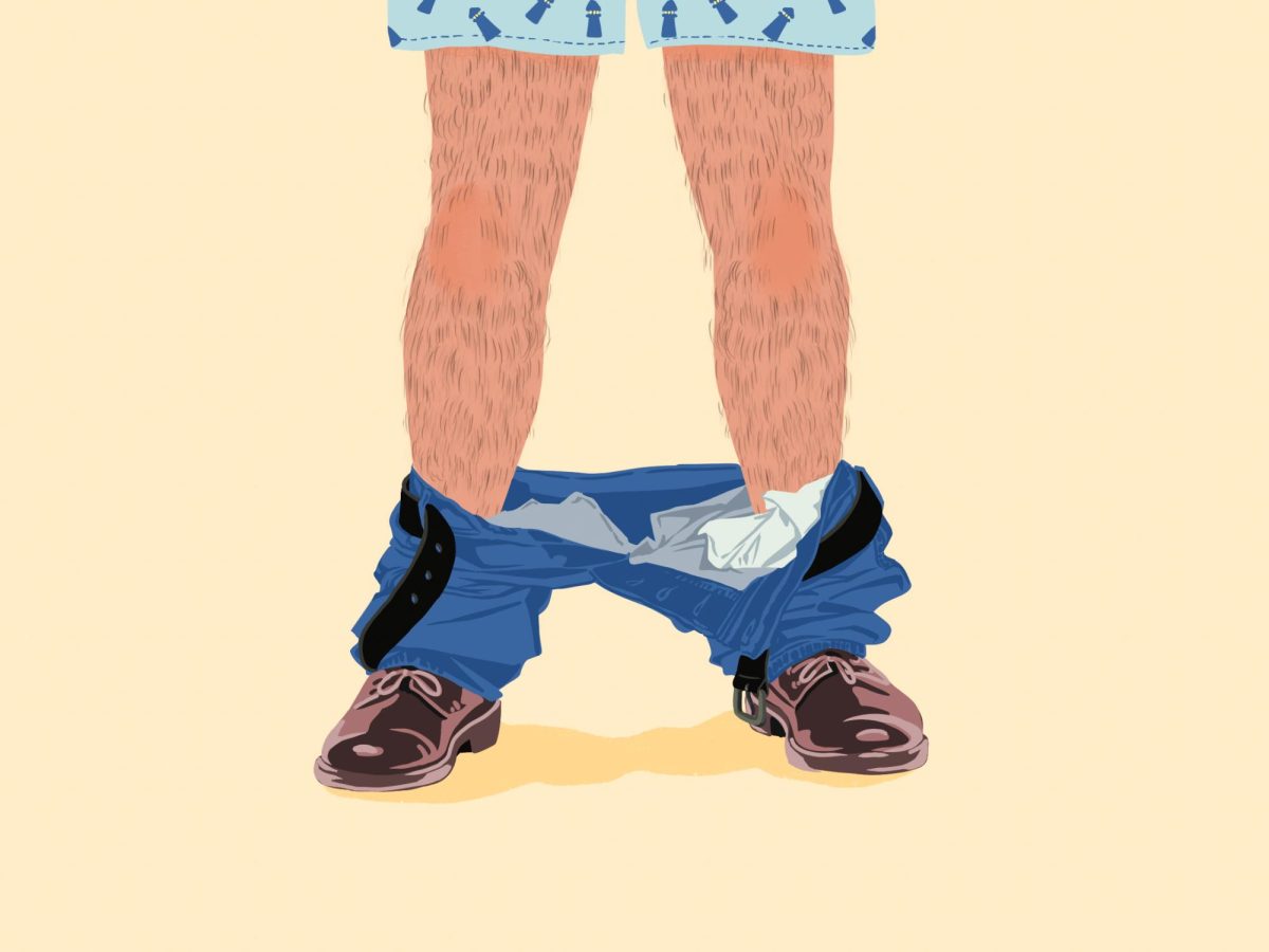 Chancellor Marcelo Suárez-Orozco with his pants down around his ankles wearing lighthouse boxers. Illustration by Bianca Oppedisano / Mass Media Staff.