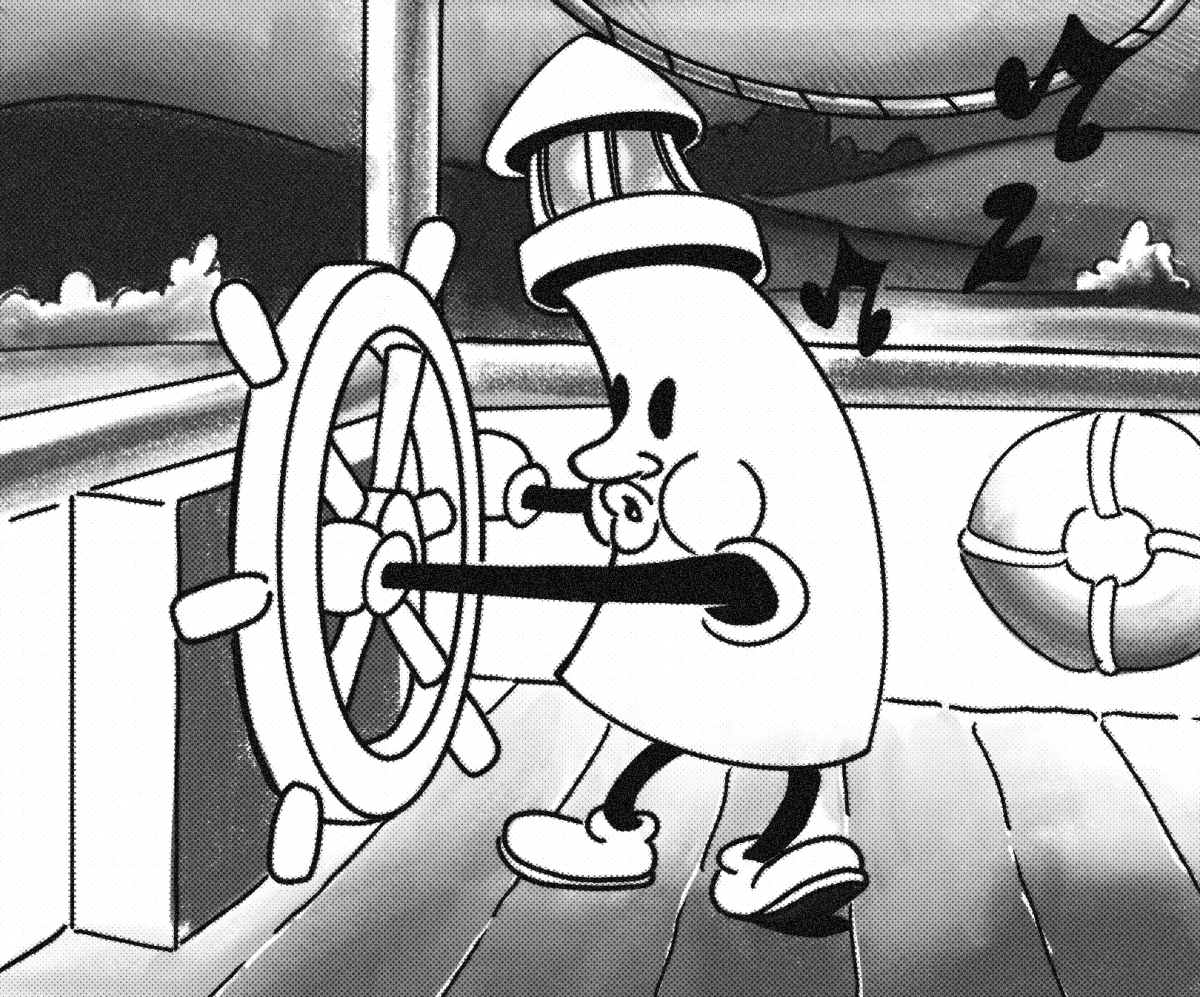 Steamboat Bobby the Beacon whistles while steering his boat. Illustration by Bianca Oppedisano / Mass Media Staff.
