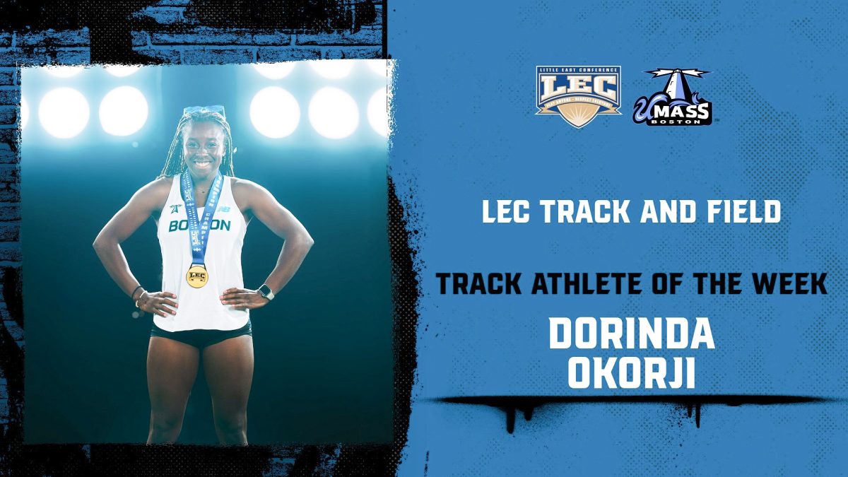 UMass Boston junior sprinter Dorinda Okorji wins Second LEC Track Athlete of the Week / Photo and graphic courtesy of Beacons Athletics.