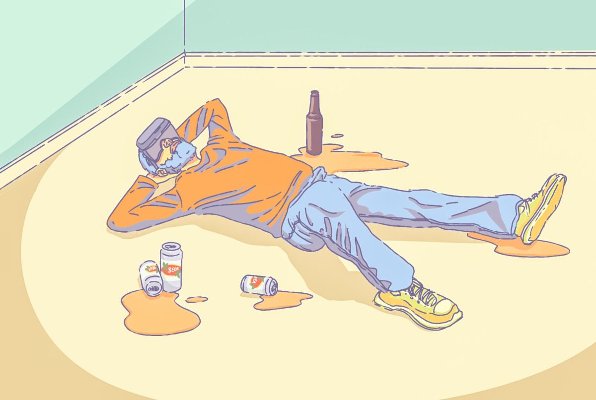 Dr. Amore lays on the floor surrounded by beer cans and bottles wearing a VR headset. Illustration by Bianca Oppedisano / Mass Media Staff.