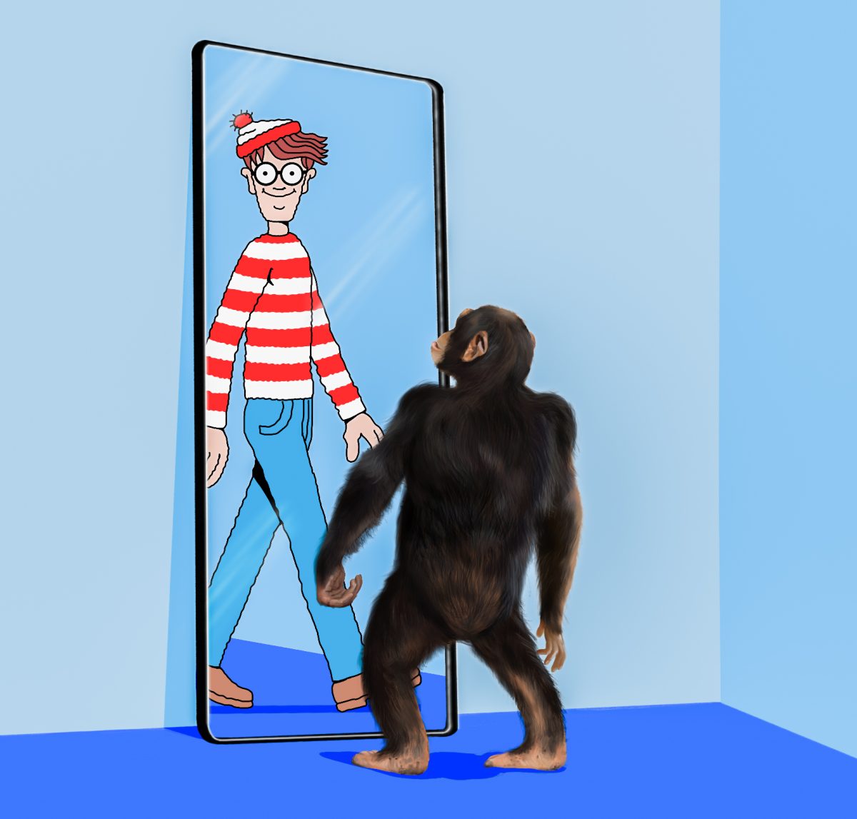 A chimp stares into a mirror and sees a reflection of Waldo. Illustration by Bianca Oppedisano / Mass Media Staff.