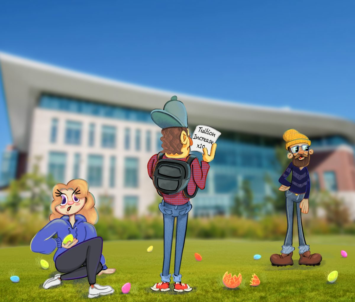 Students hunt for tuition voucher filled eggs on the Campus Center Lawn. Best of luck!. Illustration by Bianca Oppedisano / Mass Media Staff.