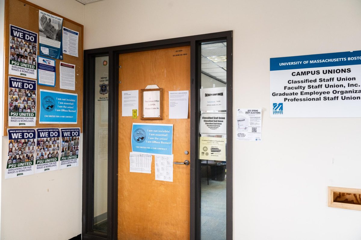 The UMass Boston faculty union office, located on the second floor of the Quinn Administration Building. Photo by Olivia Reid / Photography Editor.