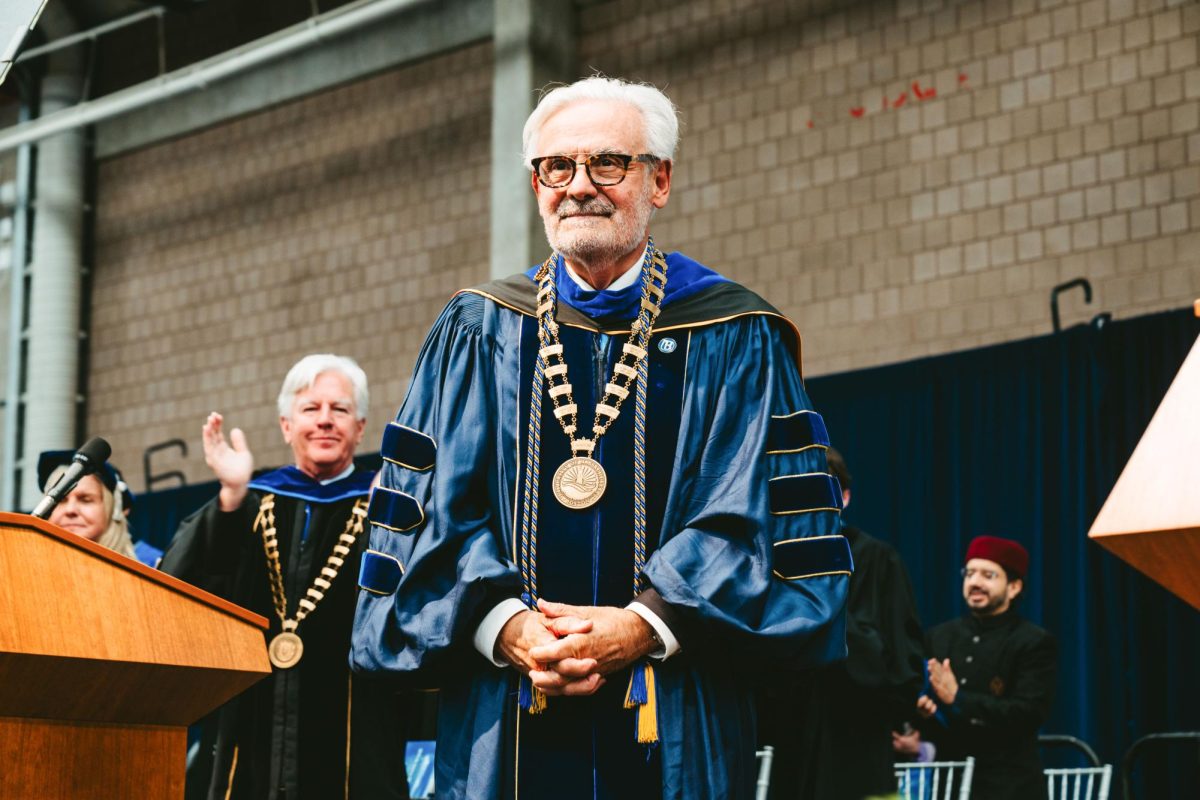 Newly inaugurated Chancellor Marcelo Suarez-Orozco poses for a photo at his inauguration, which was held April 5. Photo by Javier Rivas / University Photographer.