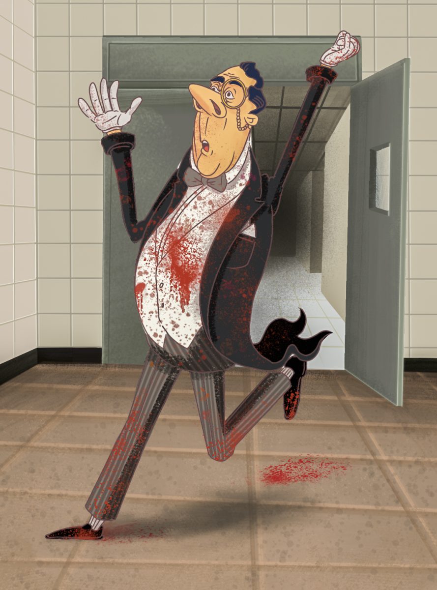 The butler Jeeves runs down the hallways of Phillis Wheatley Hall covered in blood. Illustration Bianca Oppedisano / Mass Media Staff.
