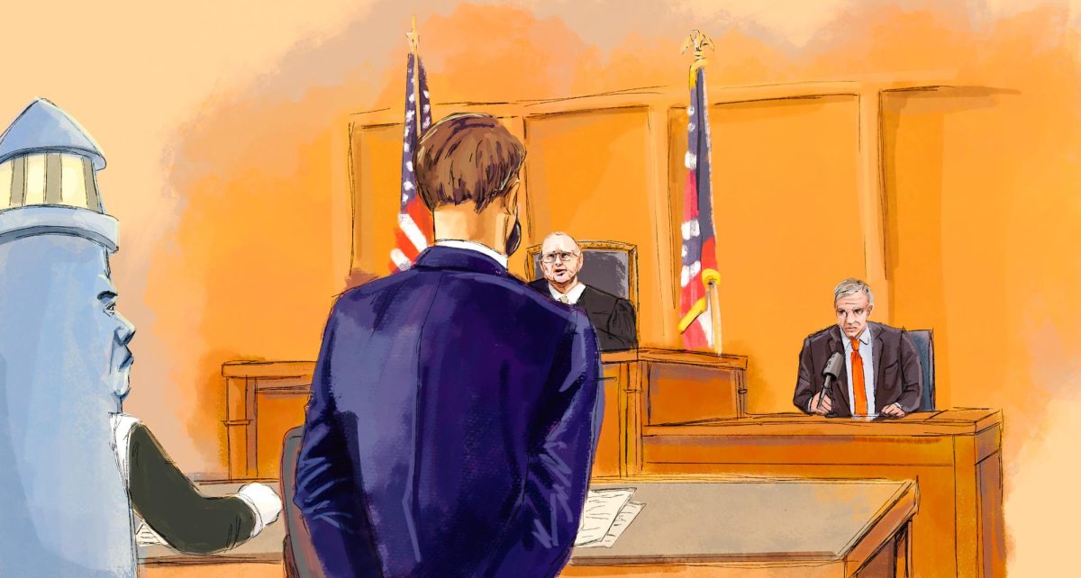 A courtroom sketch of Bobby as a witness berates him. Illustration by Bianca Oppedisano / Mass Media Staff.