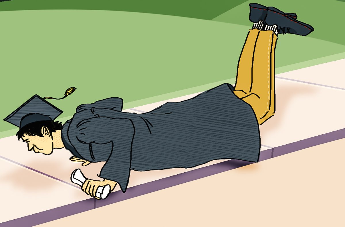 A recent graduate does the worm on the sidewalk. Get squirmin’! Illustration by Bianca Oppedisano / Mass Media Staff.