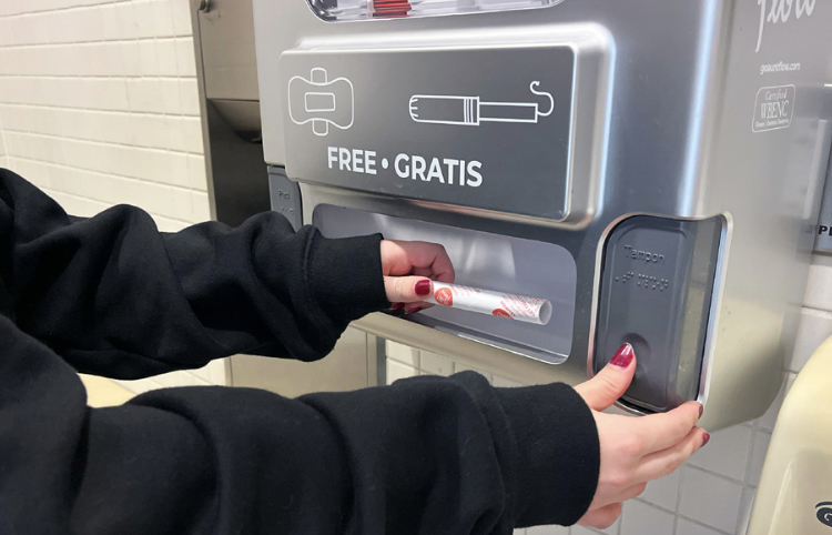 Students can now access free tampons and pads in 12 bathrooms around campus, including on the third floor of the Campus Center. Photo by Georgia Berry / Production Editor.