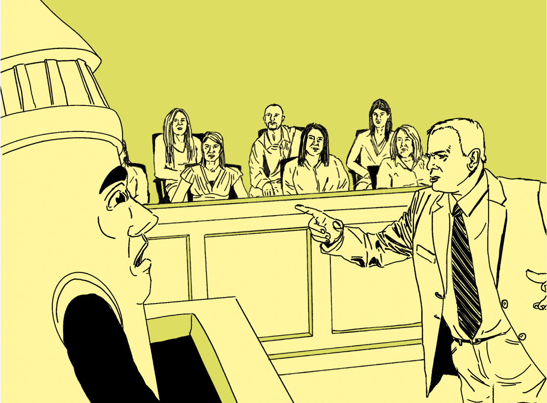 Bobby the Beacon is yelled at in court by a lawyer. Illustration by Bianca Oppedisano / Mass Media Staff.