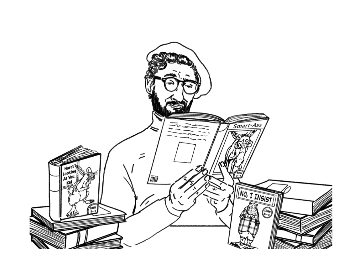 A proud UMass Boston alum reads his rather controversial collection of books. Illustration by Bianca Oppedisano / Mass Media Staff.
