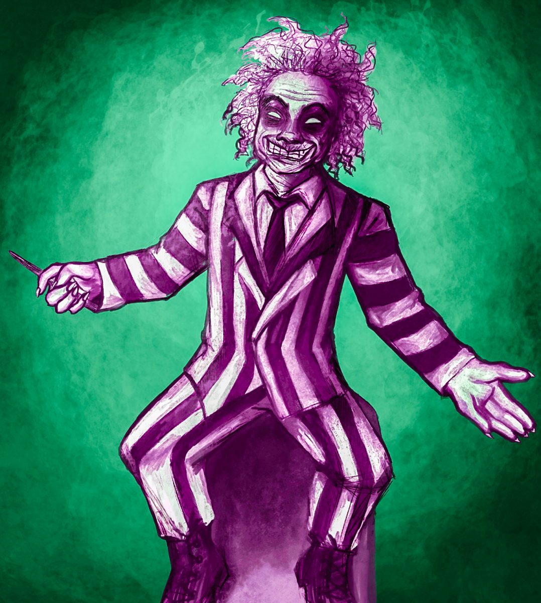 Beetlejuice posed in his black and white suit. 