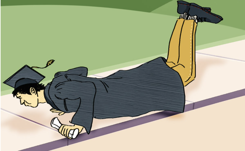 A graduate student falls to the floor. Illustration from The Mass Media archives. 