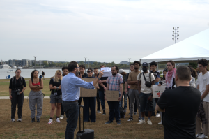 Students surround Dr. Keith Jones as he speaks at the Students for Justice in Palestine speak-out Sept. 17. 