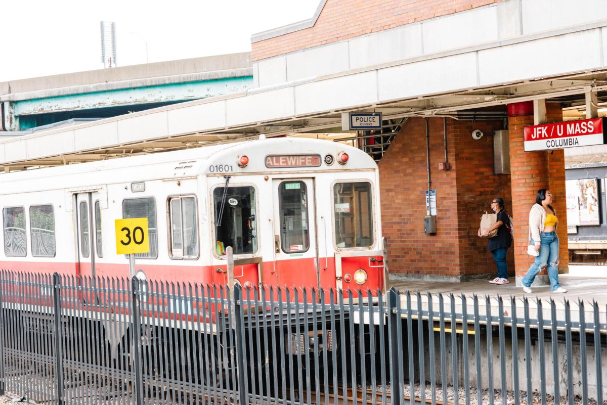 A train arrives at the JFK/UMass station.