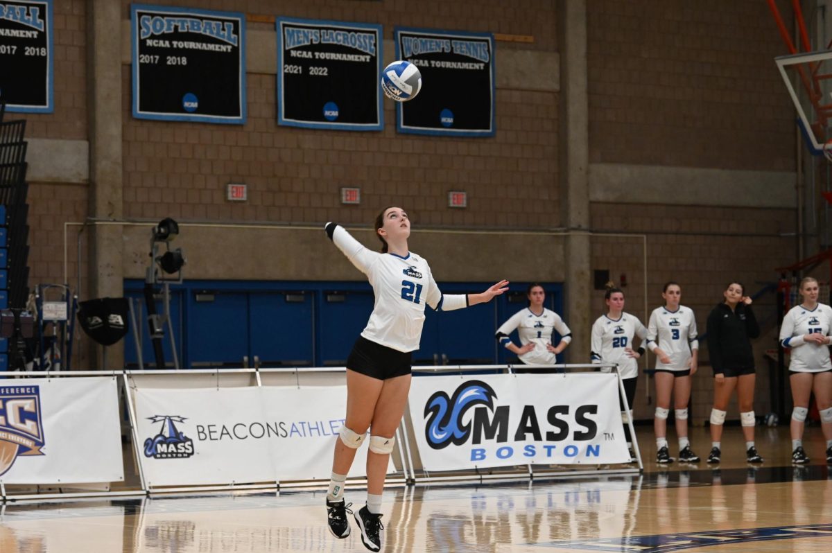 Ruby Ackerman takes a shot at the women’s volleyball game. Photo by Olivia Reid/ Photography Editor.