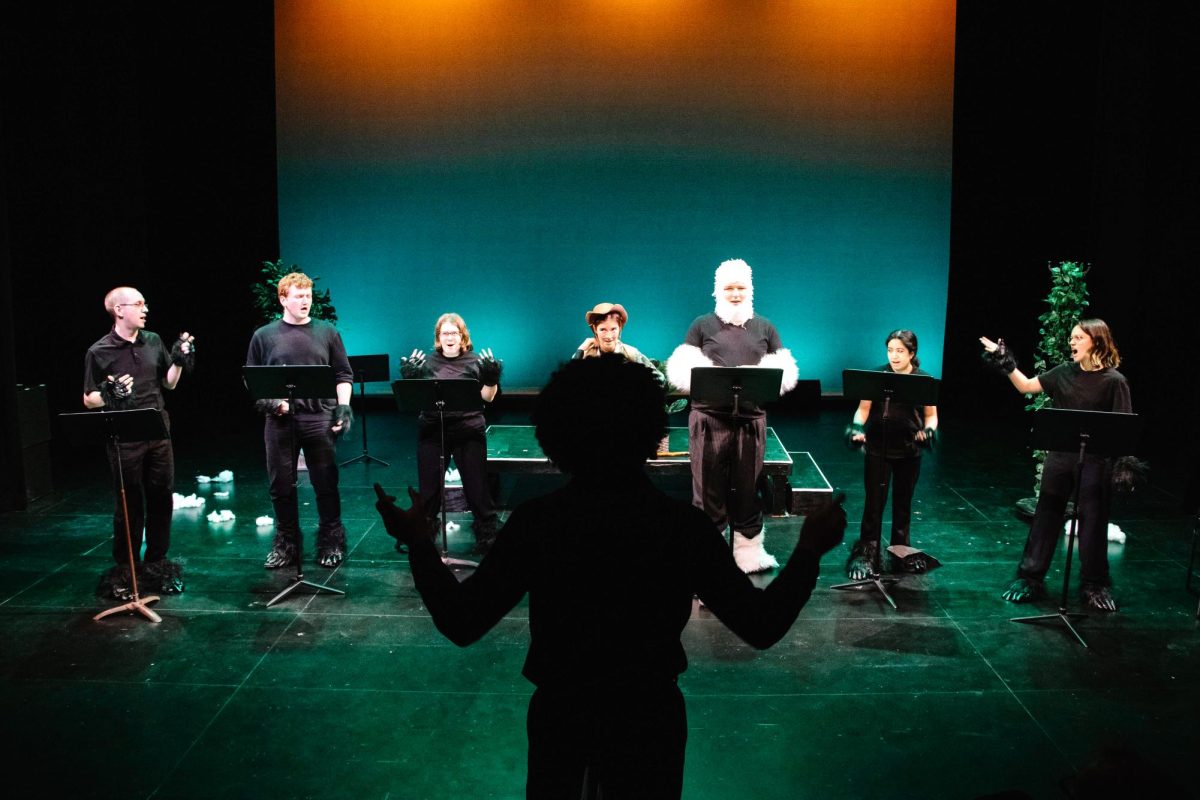 Five student actors rehearse their play during “New Voices, New Stories” dress rehearsal.