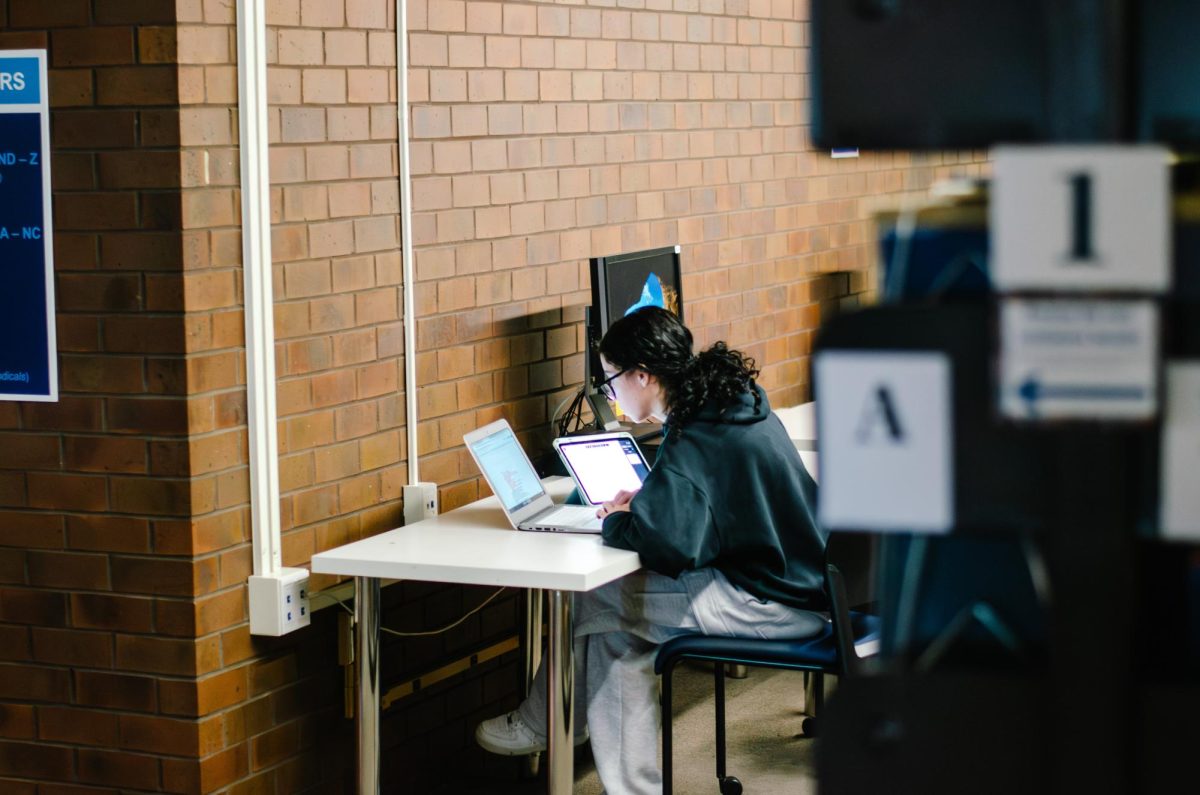 Students study at Healey Library during a busy finals season.