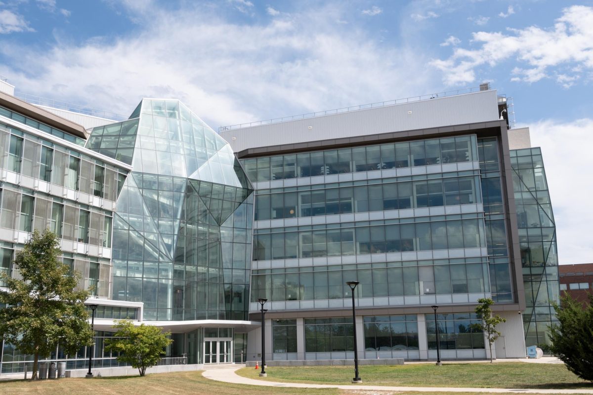 The front door of the Integrated Sciences Complex, which is featured in the thumbnail for the UMass Boston episode of The College Tour.