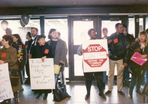 Fund Public Higher Education Rally put on by Classified Staff Union, Professional Staff Union and Faculty Staff Union in 1990. Photo from the Healey Library Digital Archives.