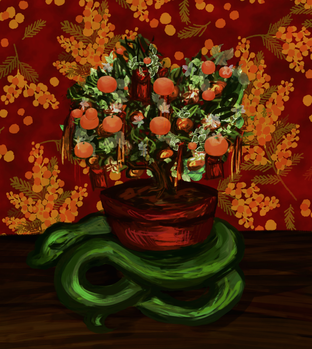 A snake wraps around an orange tree as the Year of the Wood Snake begins.