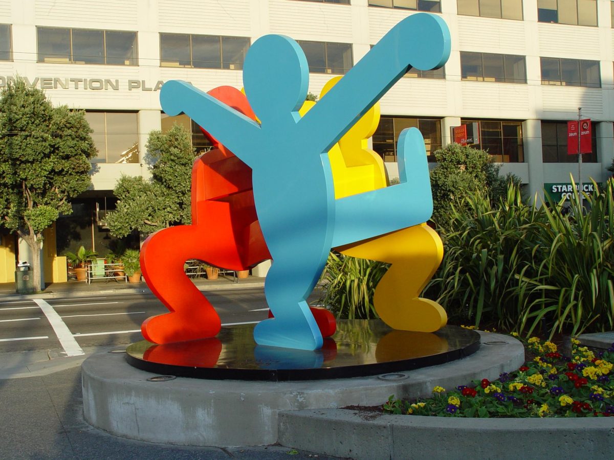 A sculpture by Keith Haring, an LGBT artist from from Reading, PA who passed away in 1990 due to the AIDS epidemic. Photo by Franco Folini is licensed under CC BY-SA 2.0.