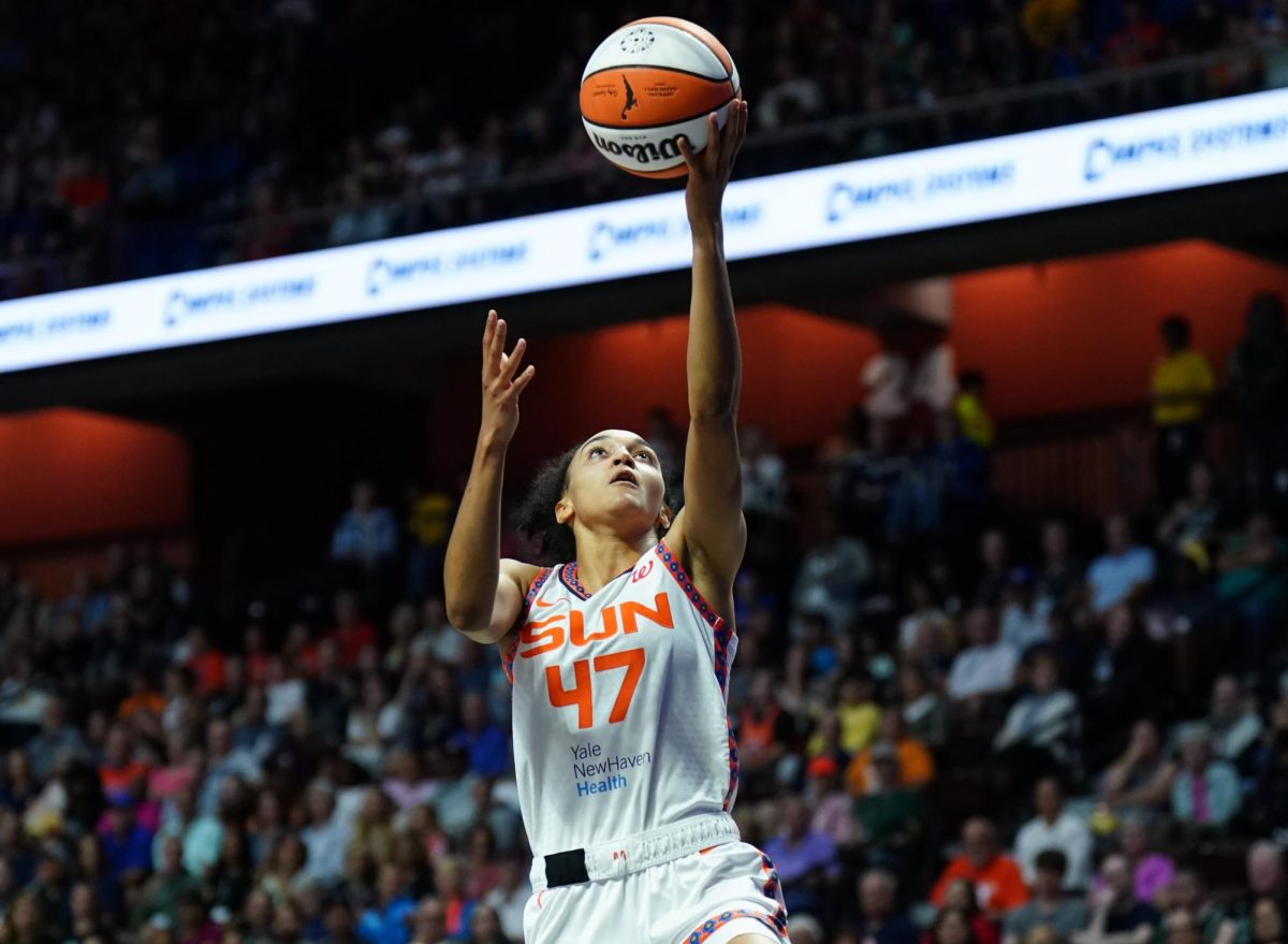 Connecticut Sun guard Leila Lacan (47) drives the ball to the basket against the New York Liberty in the first half at Mohegan Sun Arena, Uncasville, Conn., Aug. 3. Courtesy of David Butler for Reuters