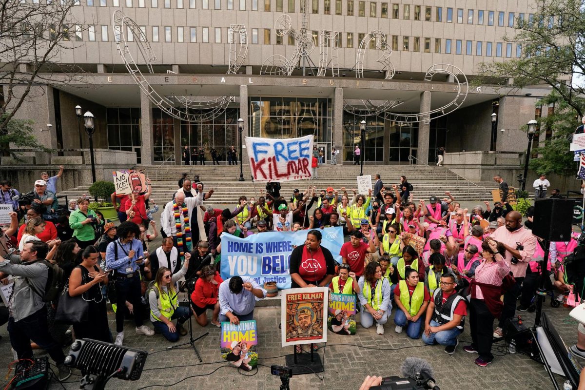 Supporters of Kilmar Abrego, whose wrongful deportation to El Salvador made him a symbol of Donald Trump's aggressive immigration policies, gather outside the ICE Baltimore field office. Courtesy of Elizabeth Frantz for REUTERS