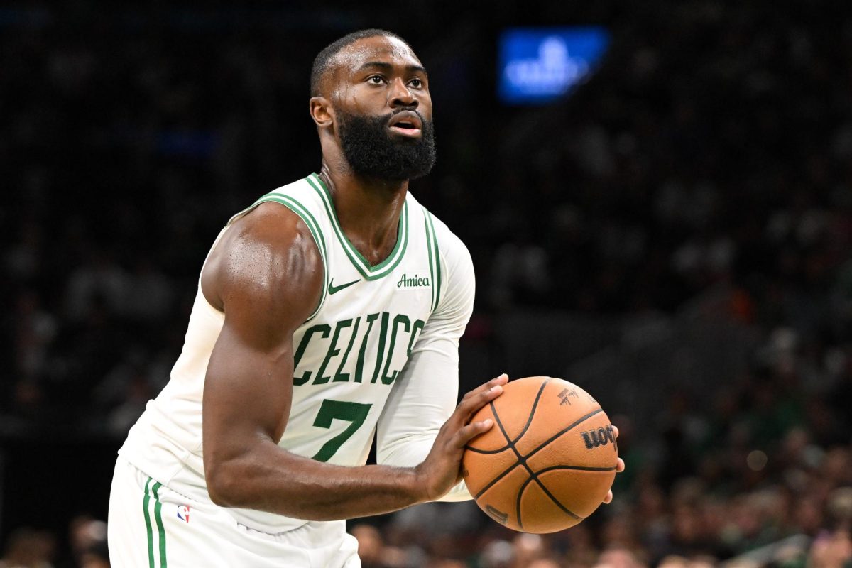 Boston Celtics guard/forward Jaylen Brown (7) attempts a free throw against the Cleveland Cavaliers during the first half at TD Garden. Mandatory Credit: Brian Fluharty-Imagn Images 