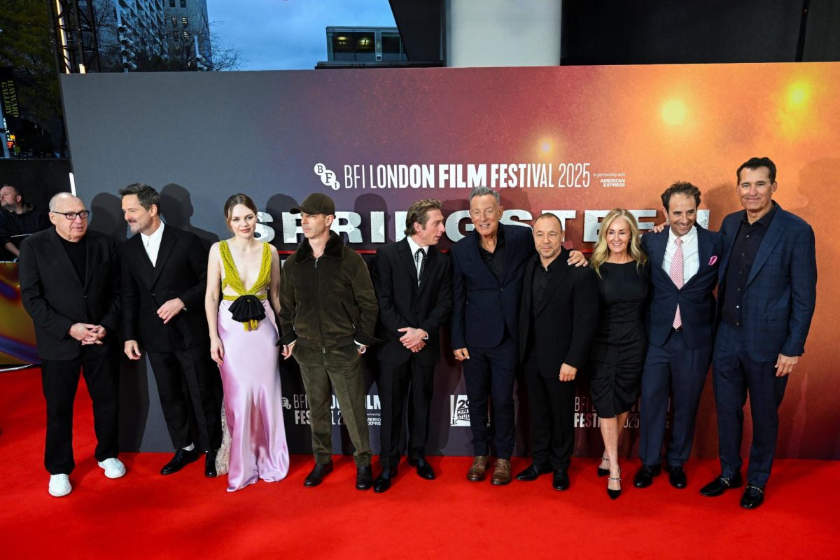 Scott Cooper, Odessa Young, Jeremy Strong, Jeremy Allen White, Bruce Springsteen, Stephen Graham, Ellen Goldsmith-Vein, Eric Robinson and Scott Stuber attend the premiere of “Springsteen: Deliver Me from Nowhere” at the London Film Festival Oct. 15. 