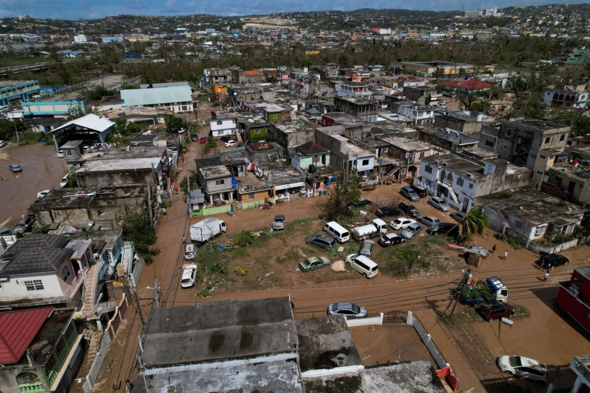 A drone view shows streets covered with mud, after Hurricane Melissa passed the Catherine Hall community in Montego Bay, Jamaica, Oct. 29.