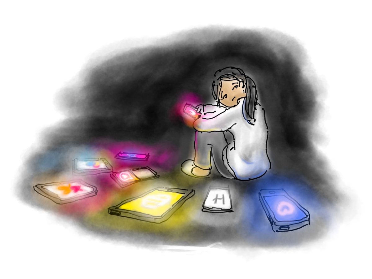 A dating app user sits alone, surrounded by various dating apps. Financially incentivized by subscription models, dating apps create a cesspool of loneliness and encourage cheap interaction.