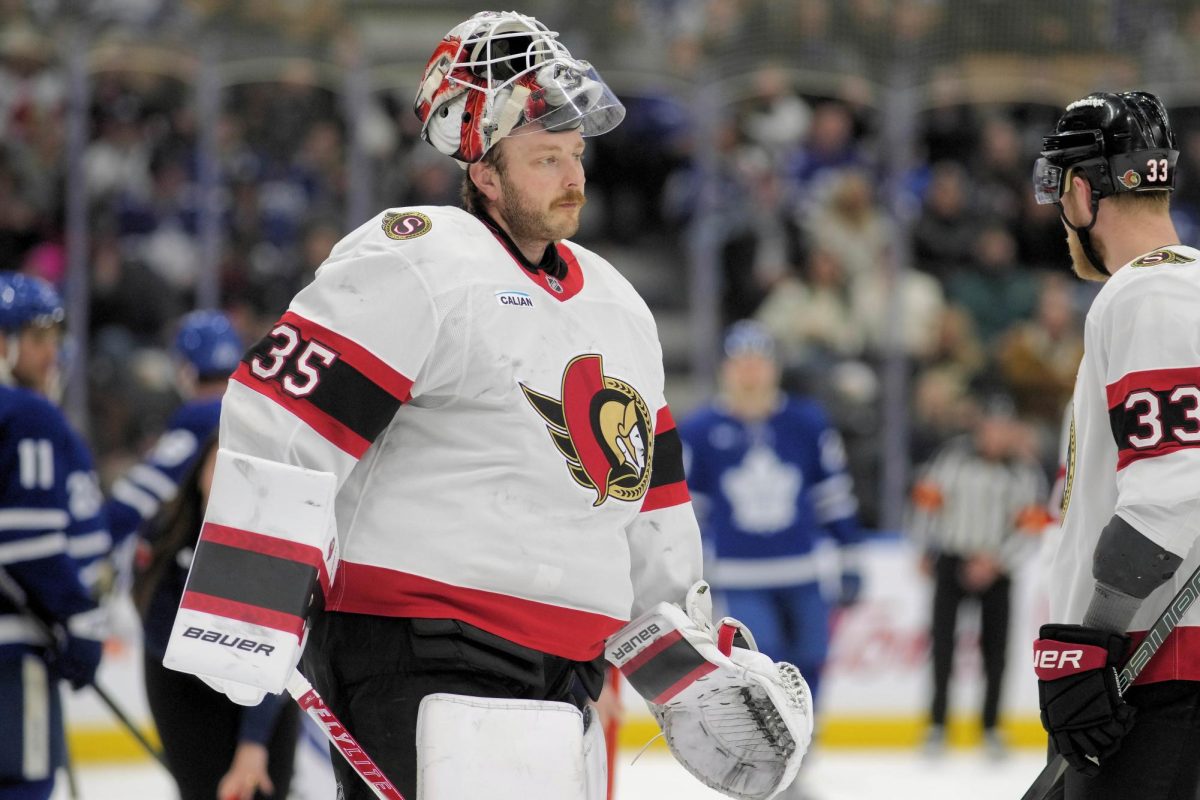Dec 27, 2025; Toronto, Ontario, CAN; Ottawa Senators goaltender Linus Ullmark (35) during a break in the action against the Toronto Maple Leafs at Scotiabank Arena. Mandatory Credit: John E. Sokolowski-Imagn Images