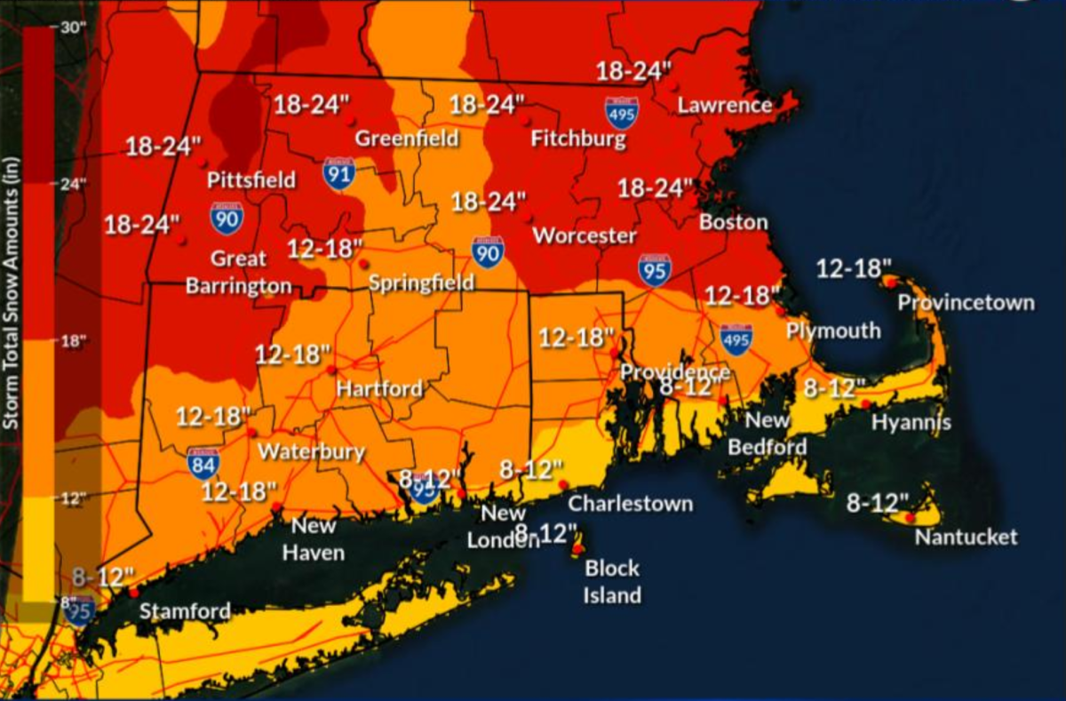 The National Weather Service's forecasted snowfall for Massachusetts, with up to 24" expected in the Boston area. Image via National Weather Service.