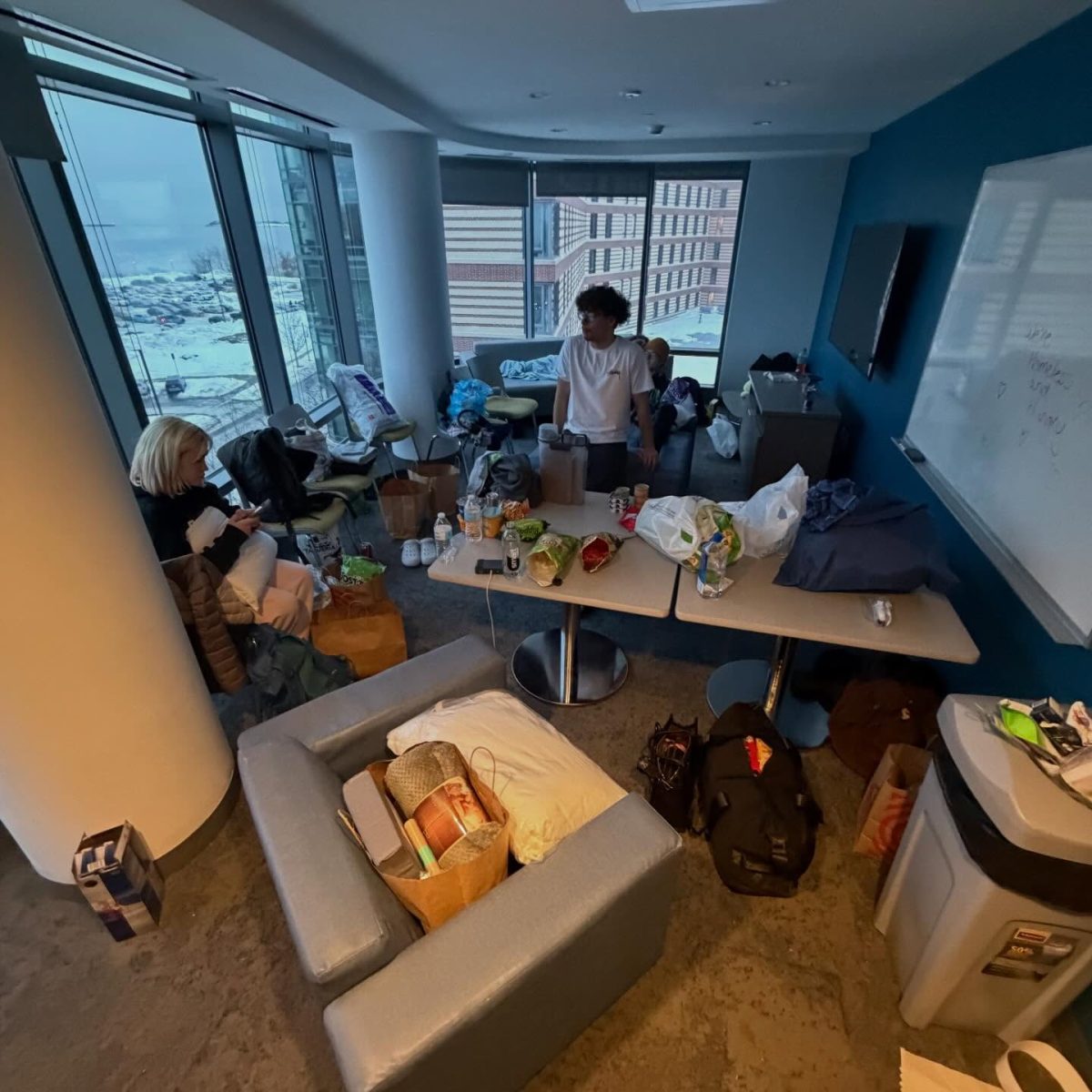 Some students camped out in public lounges in the West Residence Hall as the East Hall remains closed. The university is providing temporary housing at UMass Amherst's Charles River campus, a 40-minute drive from campus. Photo courtesy of Katerina Vatkin.