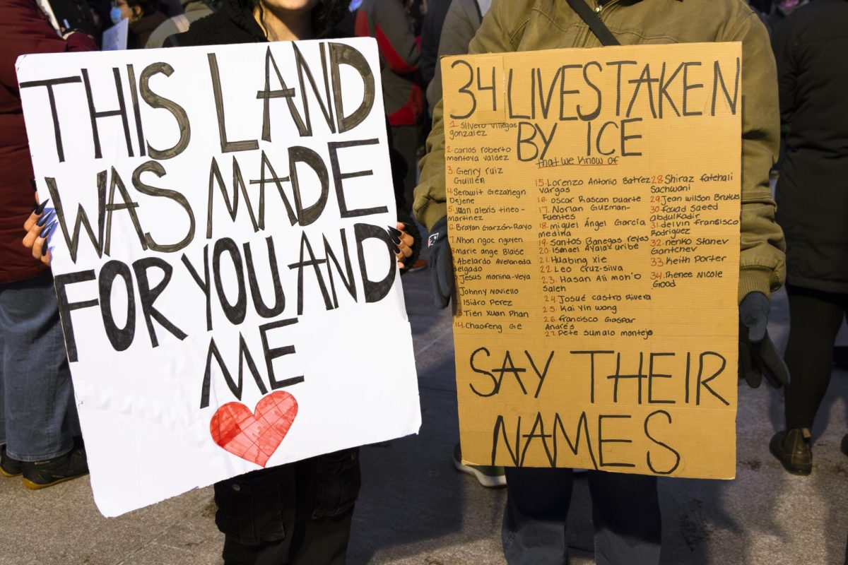 Hundreds of protestors gathered in below-freezing temperatures at Copley Square on the evening of Jan. 20 at a “Stop ICE Terror” demonstration hosted by the Party for Socialism and Liberation and Mass 50501. 