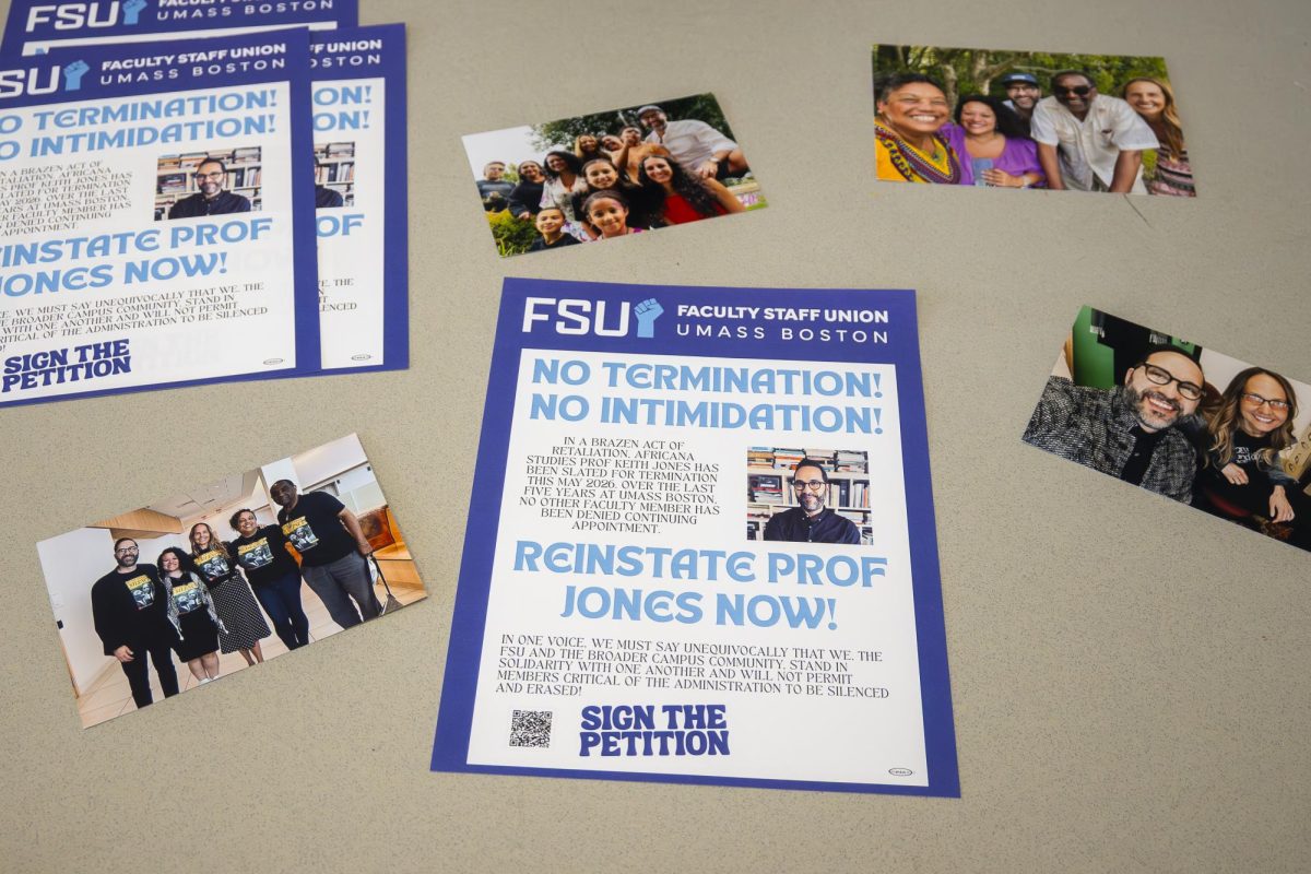 Fliers made by the Faculty and Staff Union advocating against the termination of Keith Jones are surrounded by photos of Jones with colleagues.