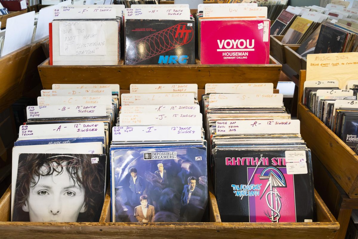 Vinyl records are displayed in bins at Nuggets. EJ Bunjo for The Mass Media
