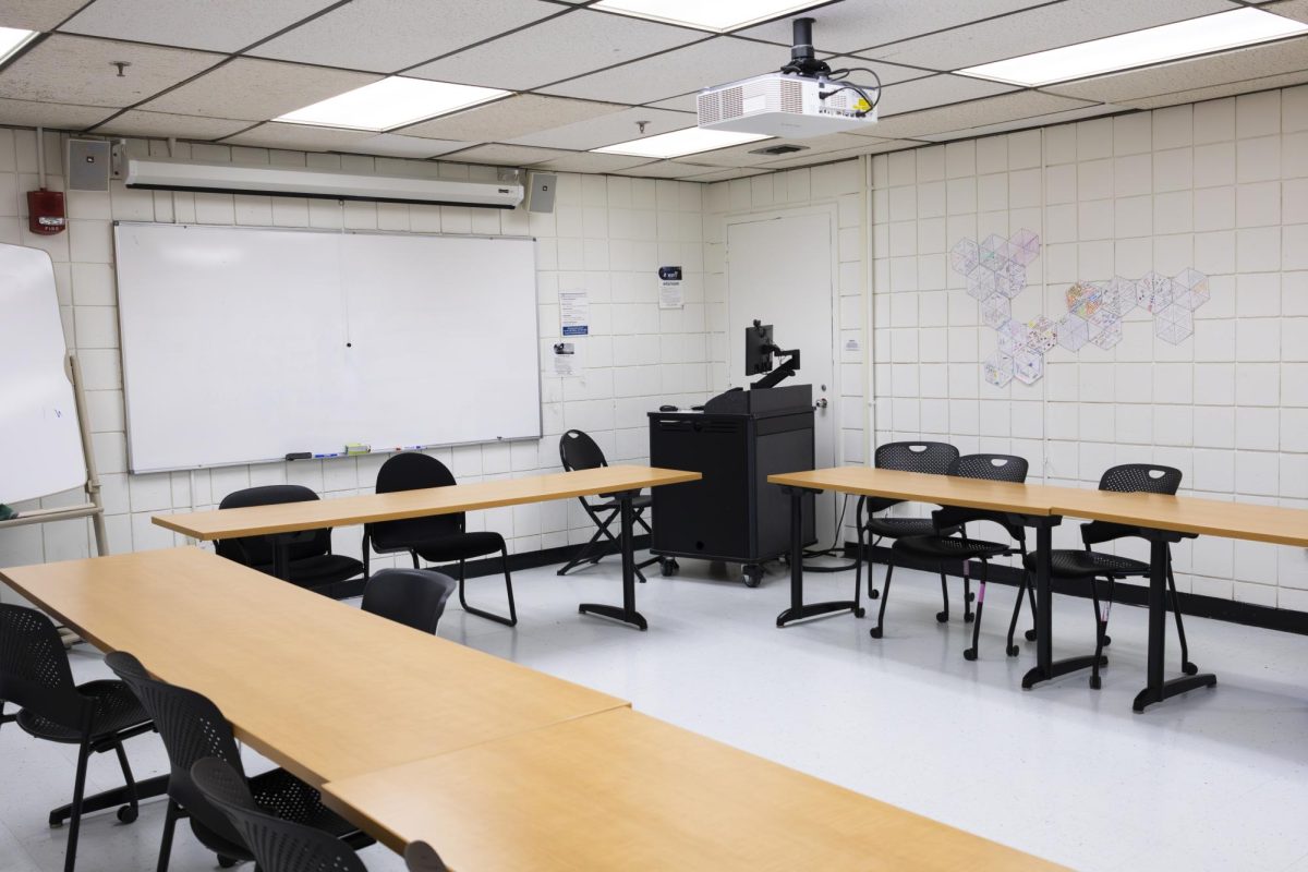 New, non-wobbling desks and chairs and lighting with a remarkably non-yellow hue distinguish renovated classrooms from the rest of the building.