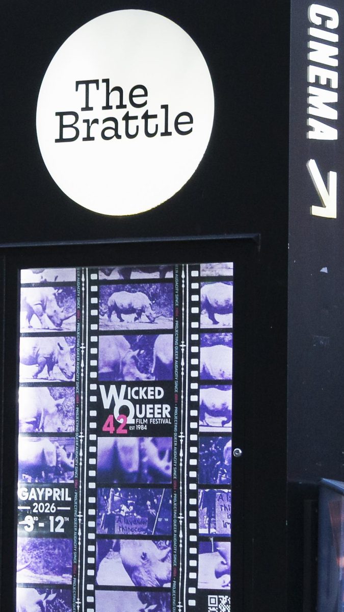 Signage for the festival at The Brattle proudly exclaims “Projecting queer audacity since 1984.”