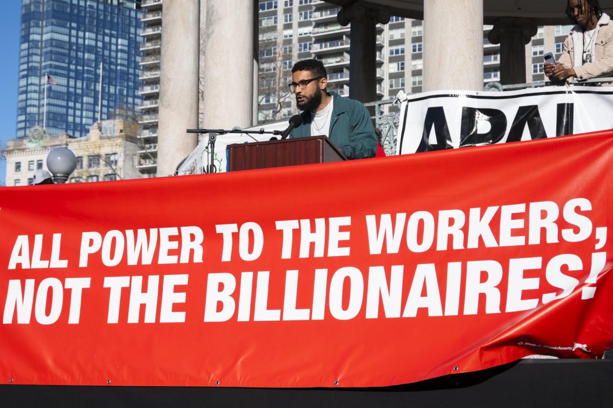 Joe Tache speaking at a May Day rally on the Boston Common, May 1
