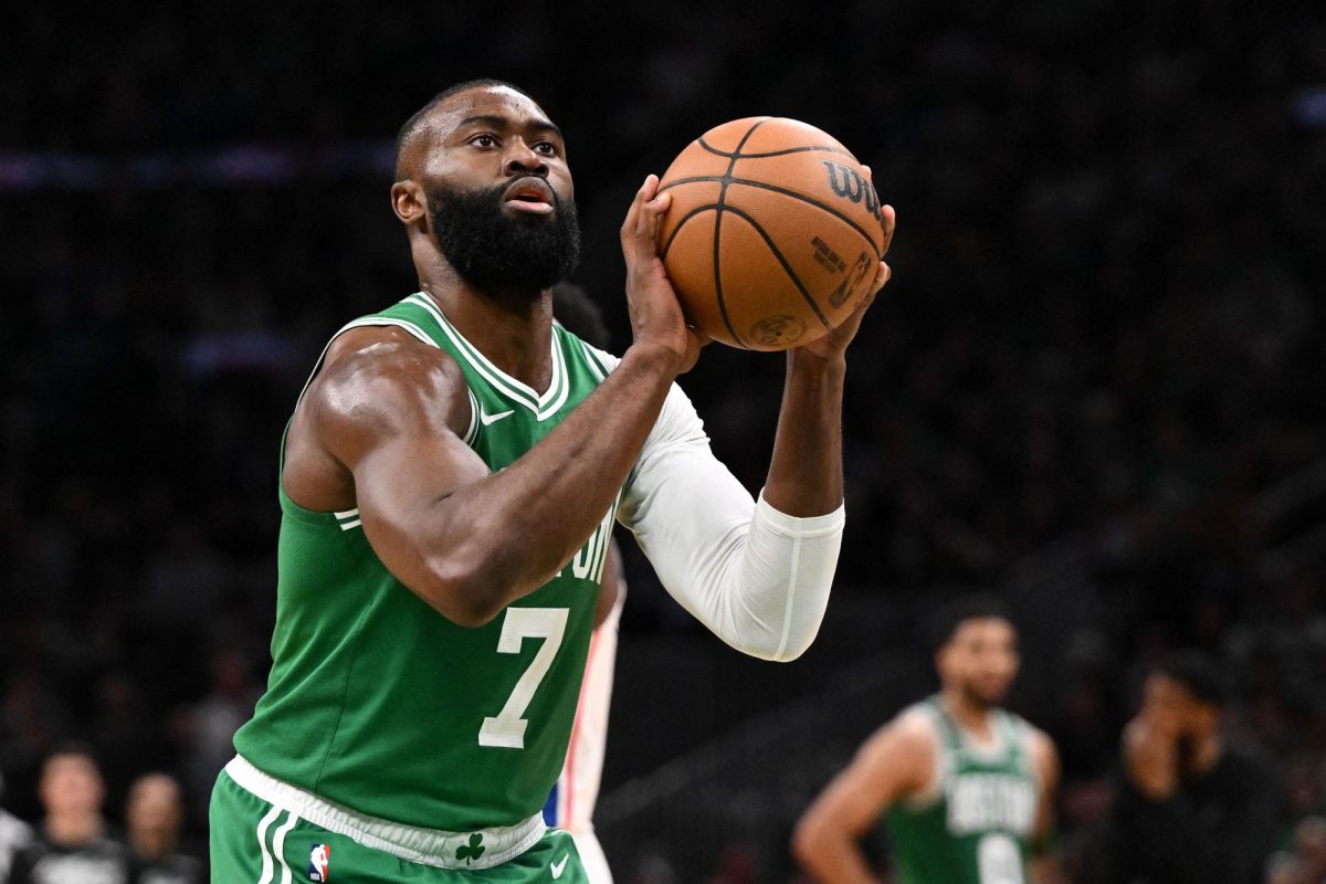 Apr 21, 2026; Boston, Massachusetts, USA; Boston Celtics guard Jaylen Brown (7) attempts a free throw against the Philadelphia 76ers in the second half of a game two of the first round of the 2026 NBA Playoffs at TD Garden. Mandatory Credit: Brian Fluharty-Imagn Images